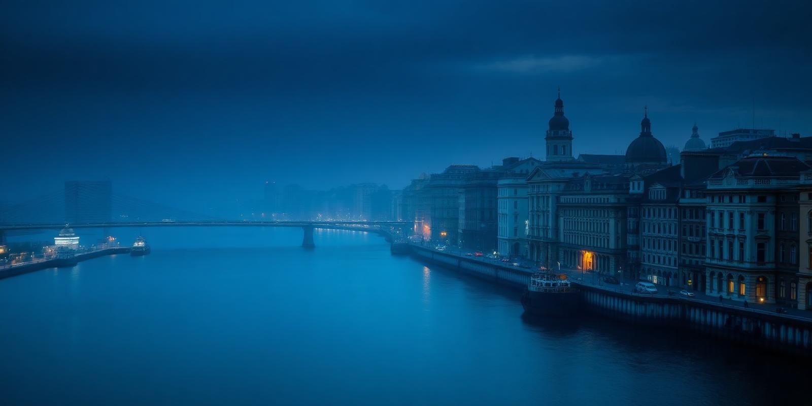 A river between a South American waterfront and a European skyline at blue hour