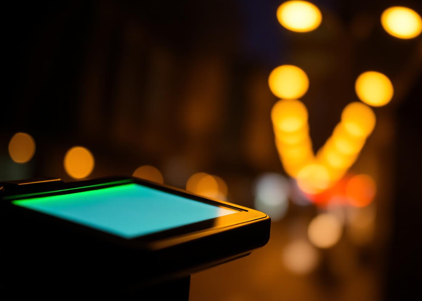 A payment terminal glowing at night amid city lights