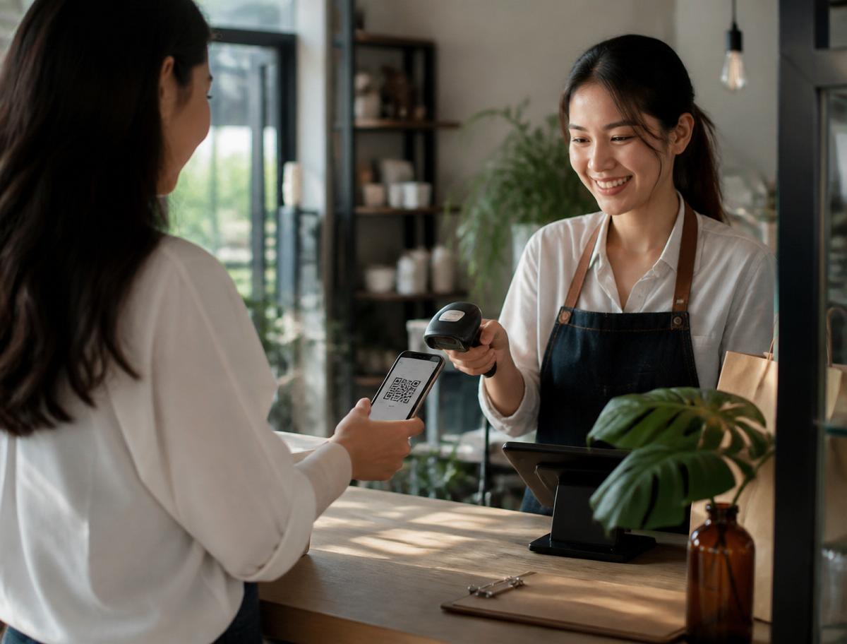 A customer at a checkout counter scanning a QR code